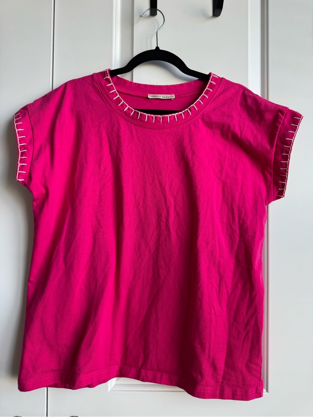 Zenana Hot Pink Whipstitch Trim Boxy Cotton Tee Top L